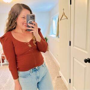 NEW Ba&sh Orange Ribbed Open Lace Front Sweater XS